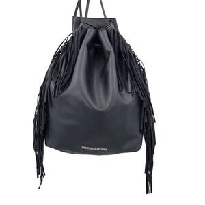 Victorias Secret Black Fringe Faux Leather Backpack Shoulder Bag Boho Biker